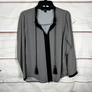 Insight Tassel Tie Blouse Womens Size M Black Geometric Long Sleeve V-Neck Top